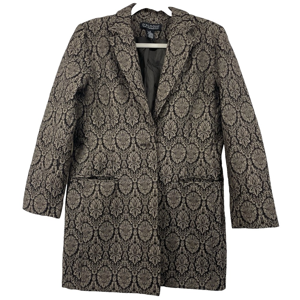 Dialogue Size 8 Damask Tapestry Jacket Black Gold Metallic Brocade Longline